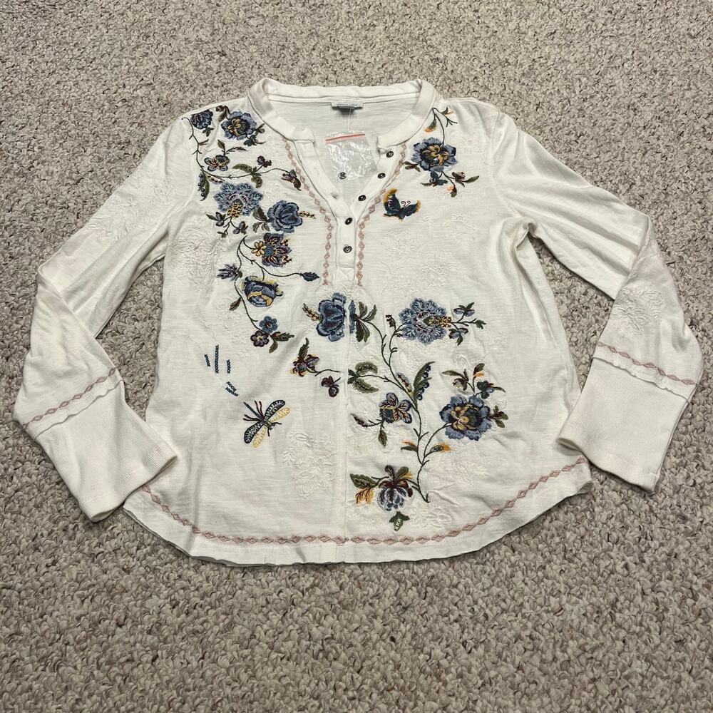 NWOT Sundance Embroidered Long Sleeve Henley Tee S Boho Casual Classic Feminine